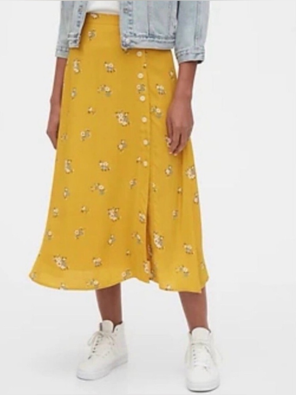 Gap Women's Yellow Floral Side Button-Front Midi Skirt